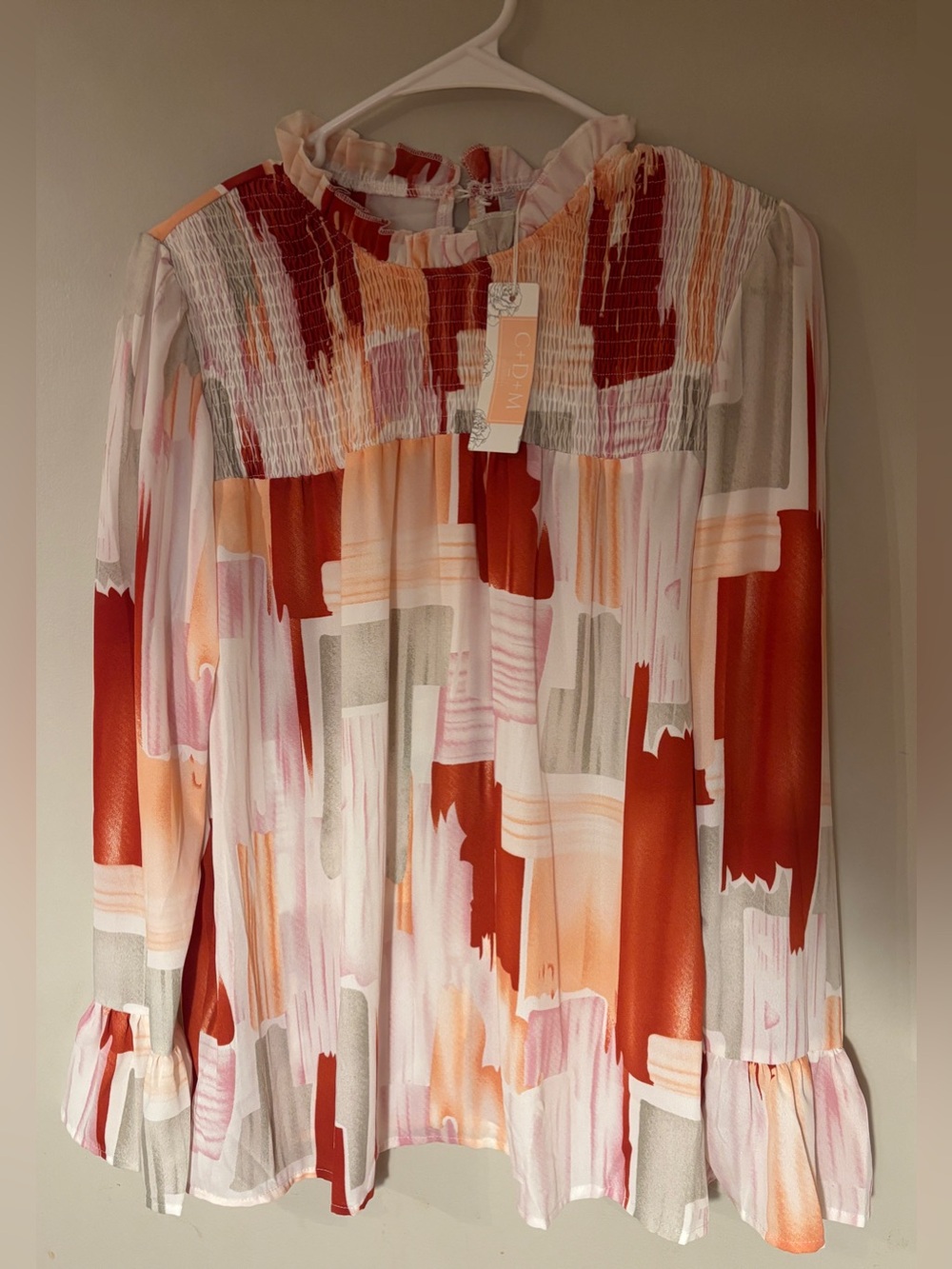 C+D+M Women’s Large Abstract Print Smocked Blouse Bell Sleeve Top NWT - Picture 14 of 14